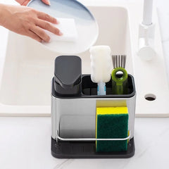 3-in-1 Kitchen Sponge Holder Dish Soap Dispenser Stainless Steel Sink Organizer Tray